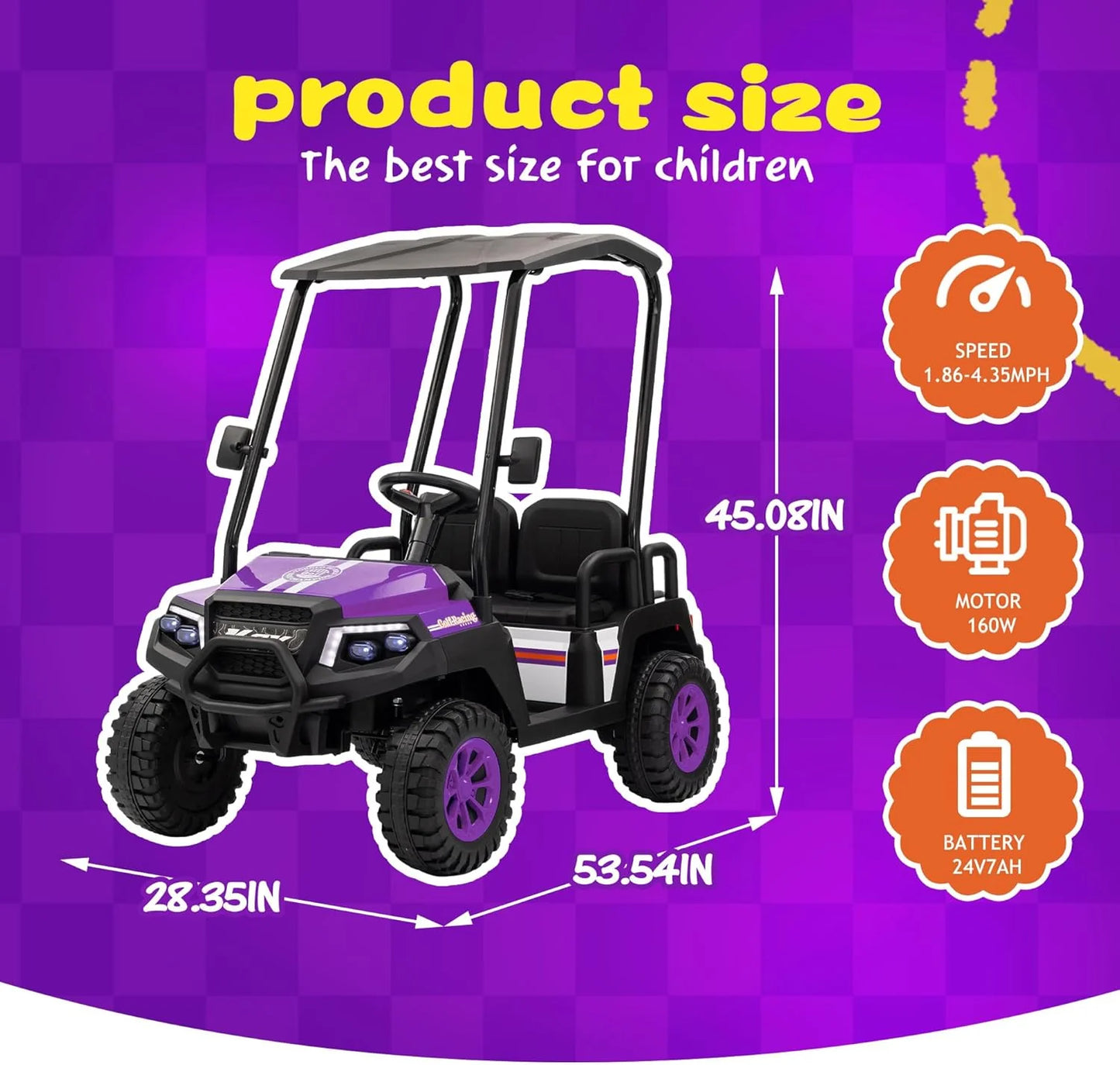 24V 7AH Children's Golf Cart with Remote Control, Removable Awning, 4-Wheel Spring Suspension