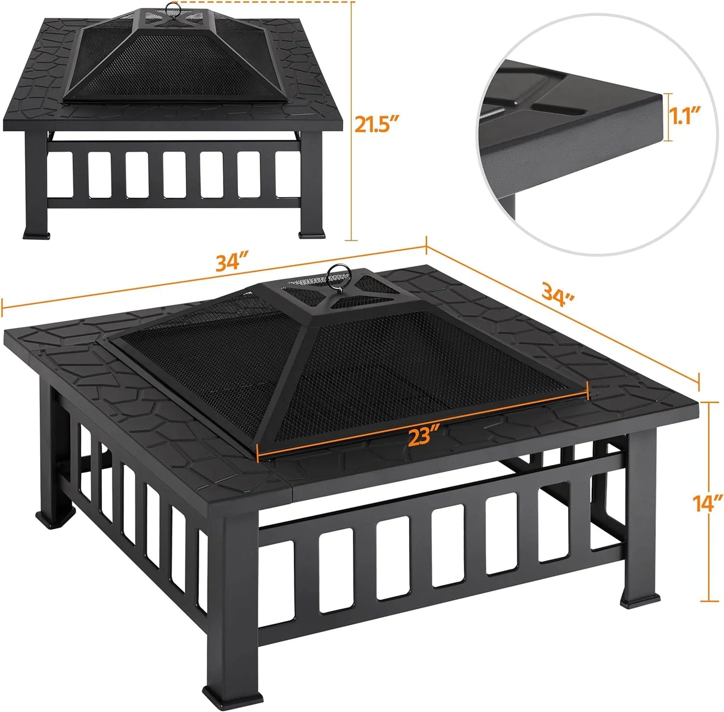 Yaheetech Multifunctional Fire Pit Table 32in Square Metal Firepit Stove Backyard Patio Garden Fireplace for Camping, Outdoor Heating, Bonfire and Picnic