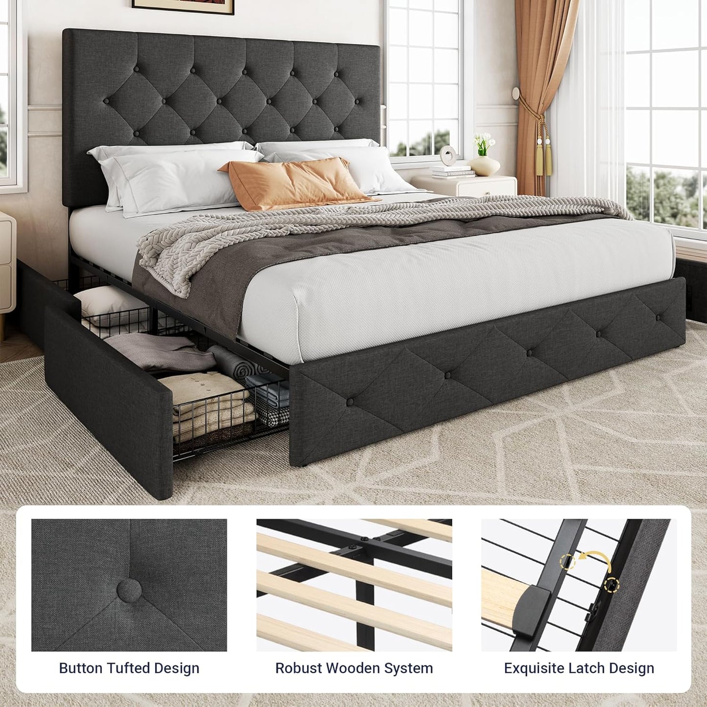 Allewie Upholstered Queen Size Platform Bed Frame with 4 Storage Drawers and Headboard, Square Stitched Button Tufted, Mattress Foundation with Wooden Slats Support, No Box Spring Needed
