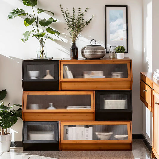 Rustic Wood Vanity Table with Bamboo Drawer Storage Cabinet