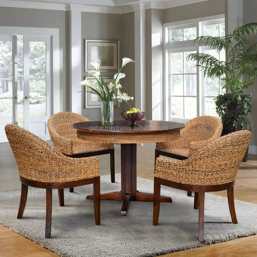 Natural Wood Dining Set with Mahogany and Woven Hyacinth Style