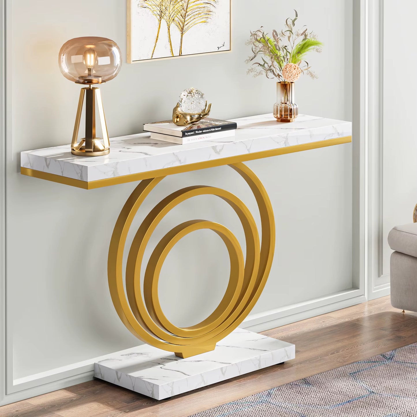 41" Modern Console Table – Gold Marble Entryway & Sofa Table