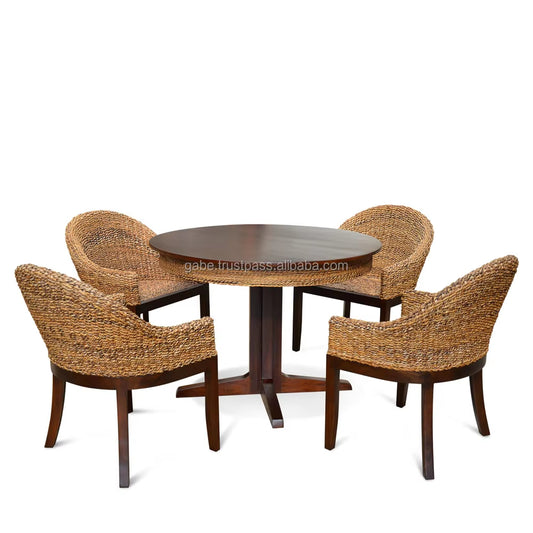 Natural Wood Dining Set with Mahogany and Woven Hyacinth Style