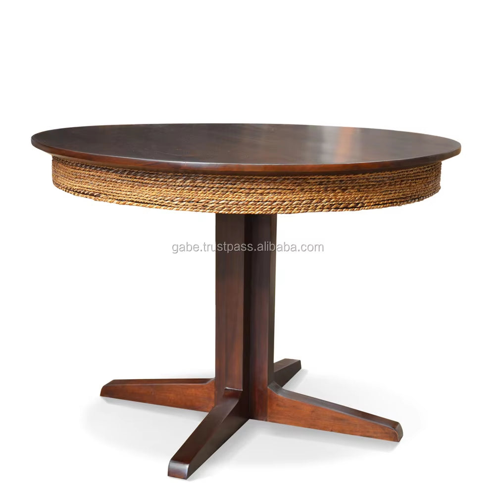 Natural Wood Dining Set with Mahogany and Woven Hyacinth Style