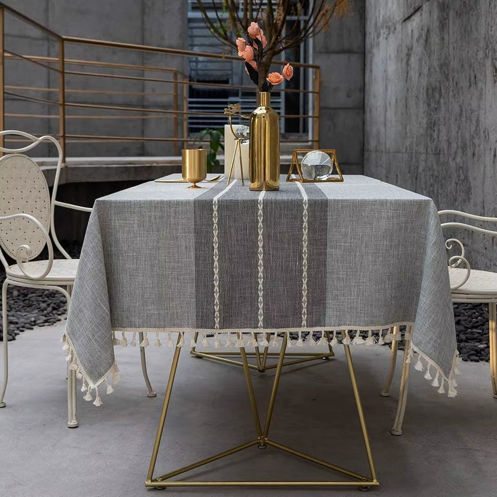 Wrinkle Resistant Square Tablecloth with Tassels for Indoor Outdoor Use