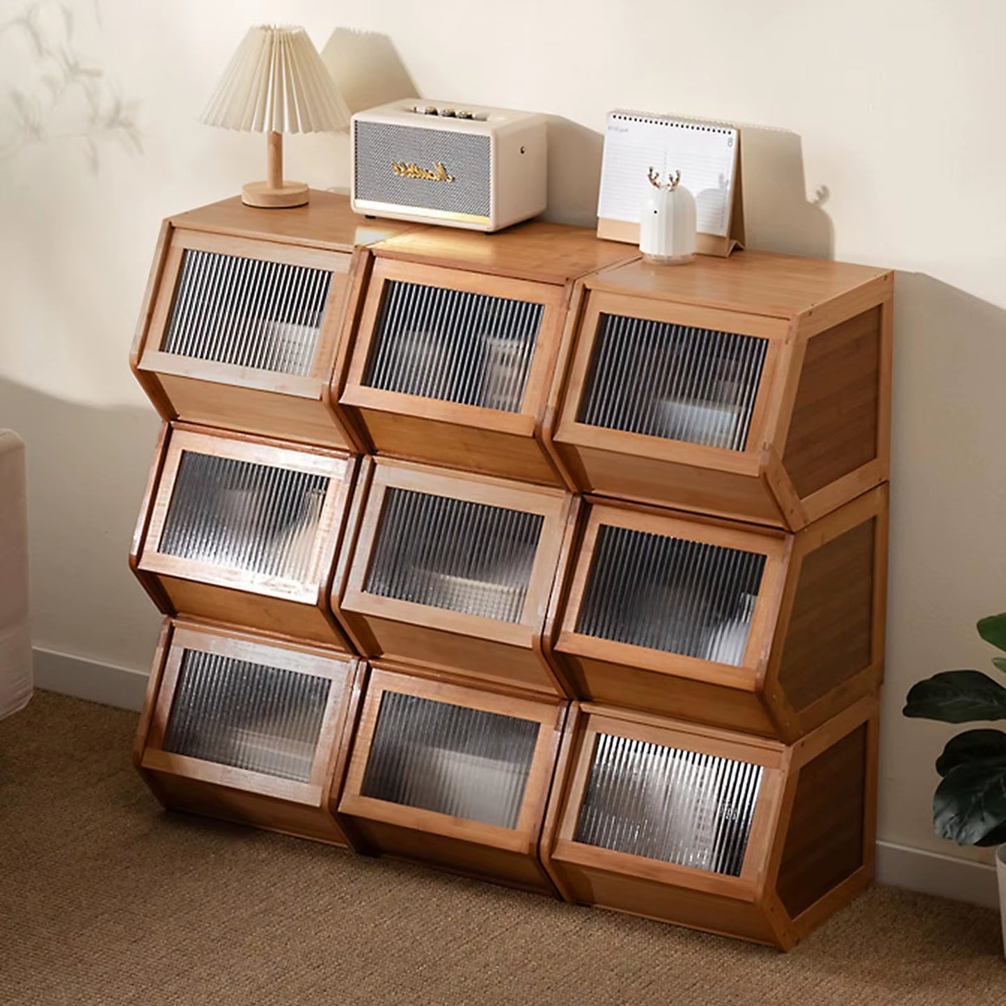 Rustic Wood Vanity Table with Bamboo Drawer Storage Cabinet