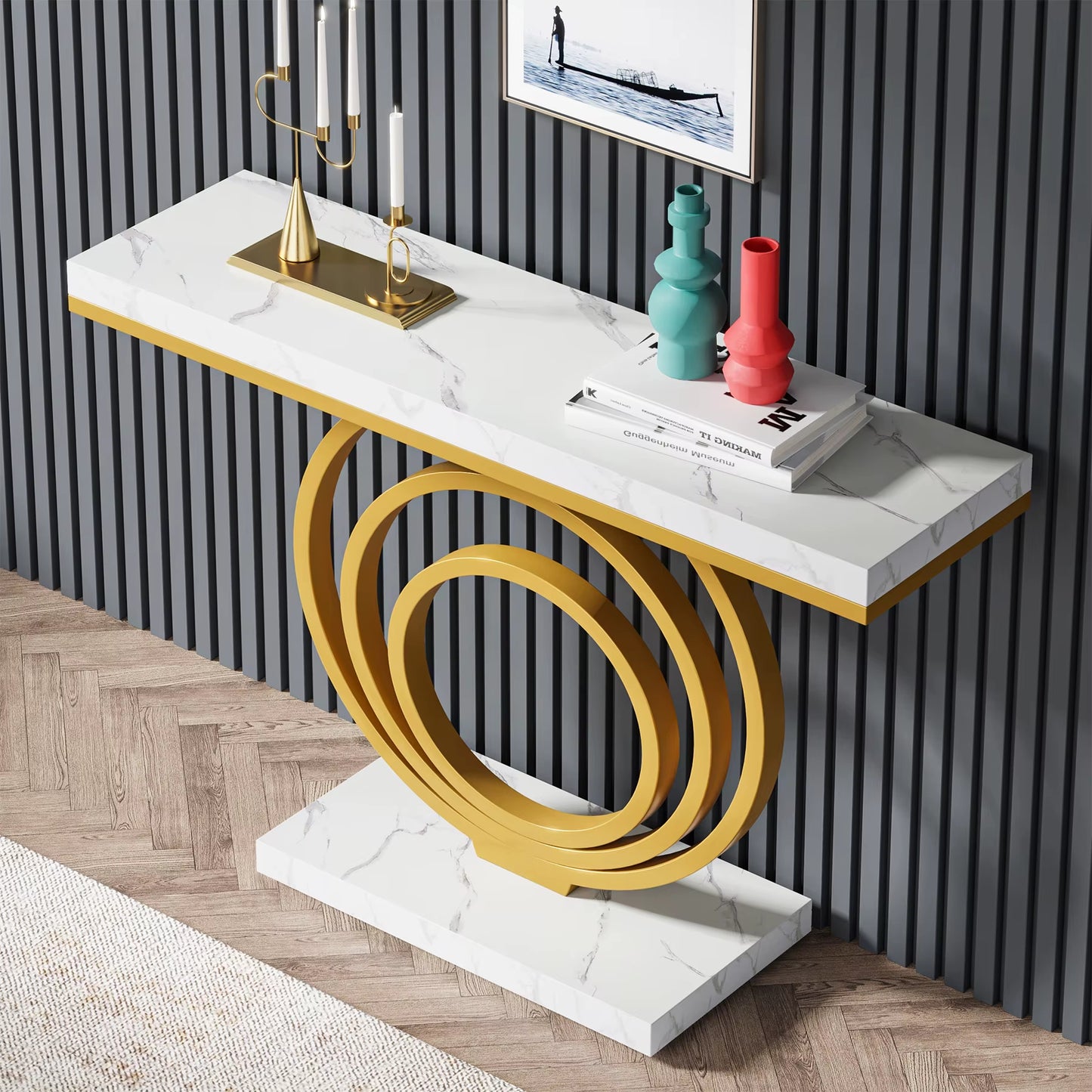 41" Modern Console Table – Gold Marble Entryway & Sofa Table