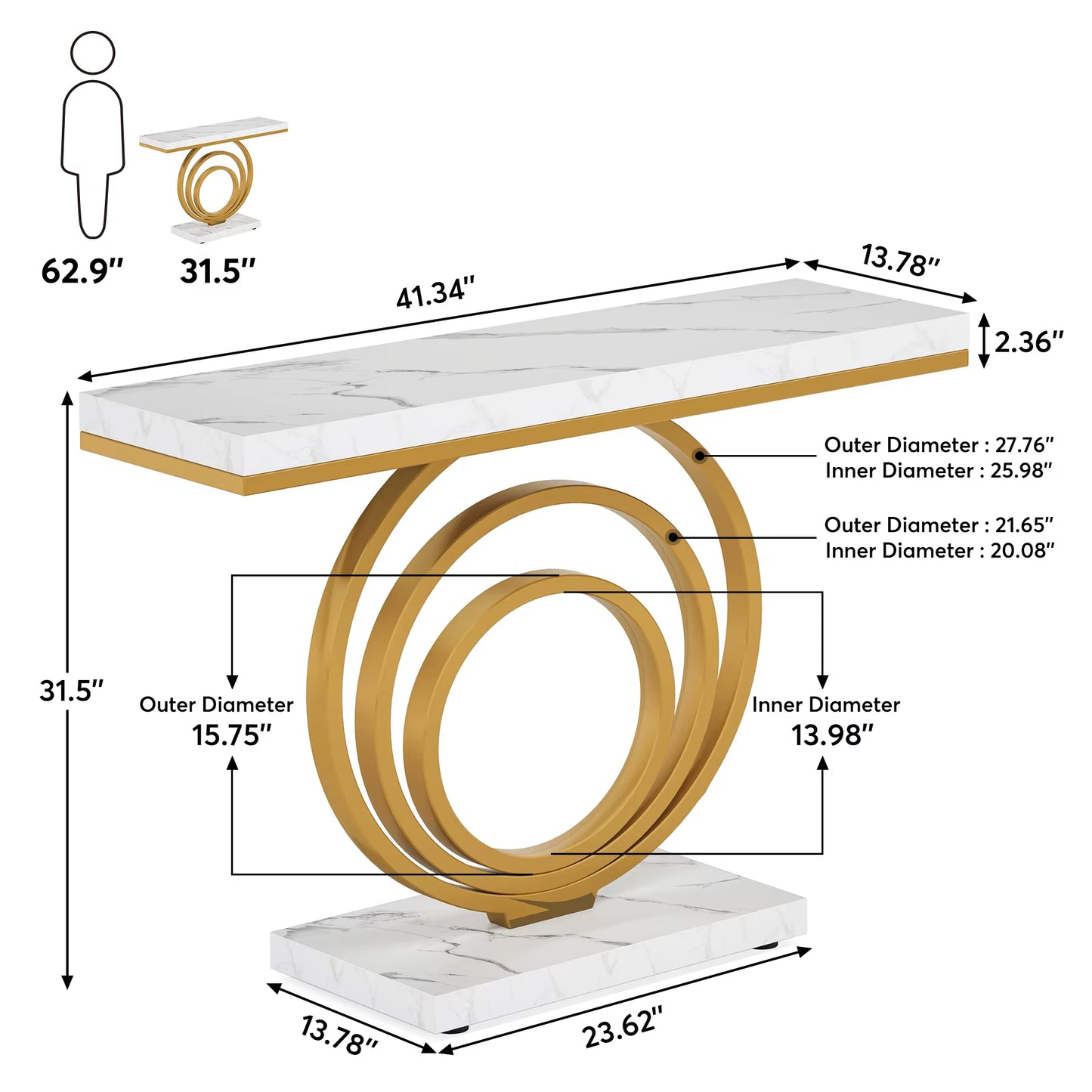 41" Modern Console Table – Gold Marble Entryway & Sofa Table